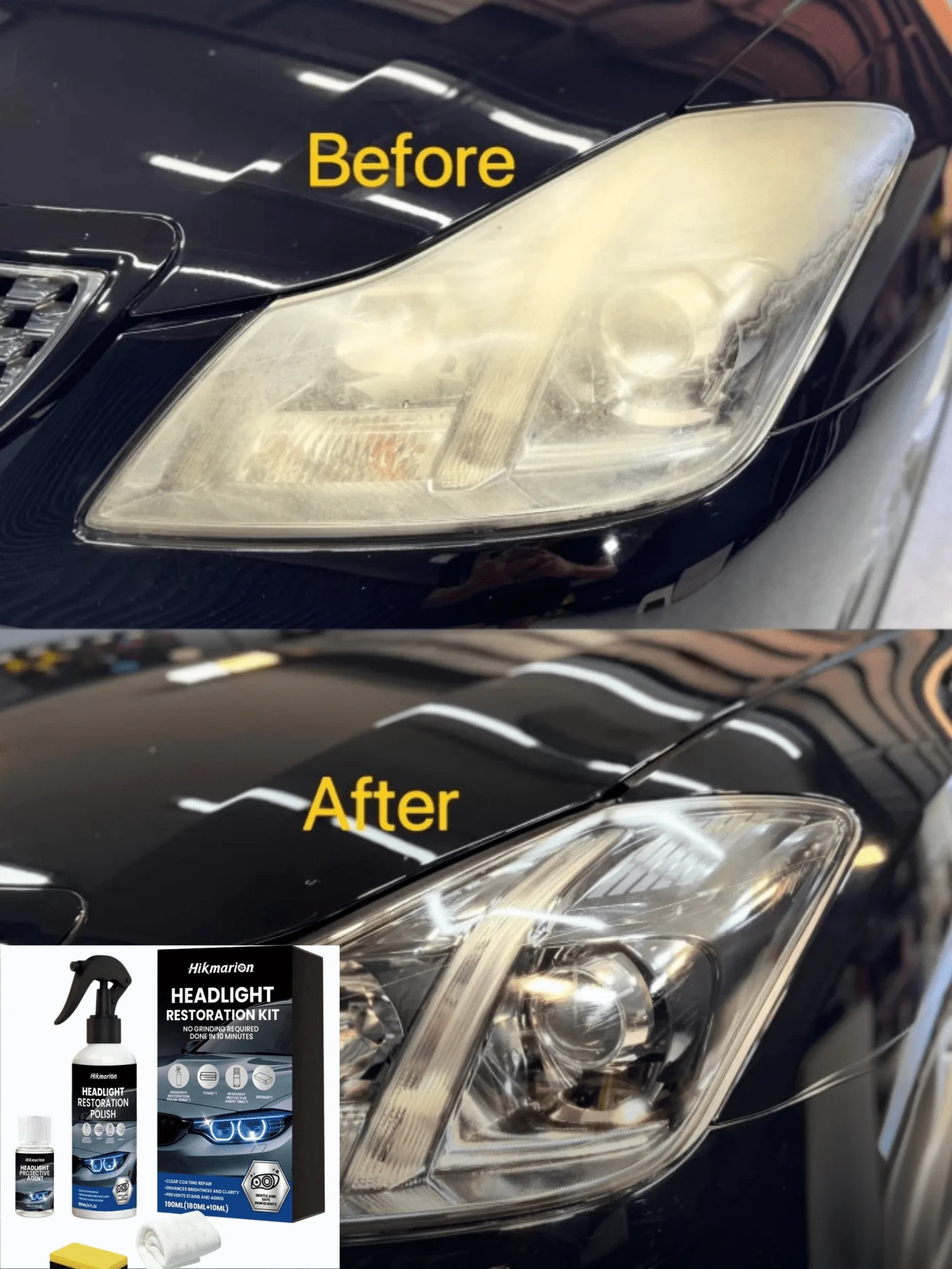Hikmarion Headlight Restoration Polishing Kit, Removes Yellowing And Oxidation From Headlight Covers, Polishes To Clear, Protects In One Step, Restores Headlight Brightness