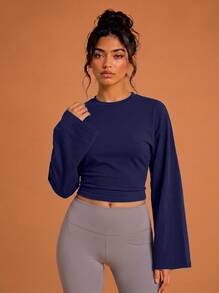 Never me Women's Navy Blue Round Neck Wide Flare Long Sleeve Cropped Top With Side Ruched Waist, Fitness Base Layer - Navy Blue - View 6