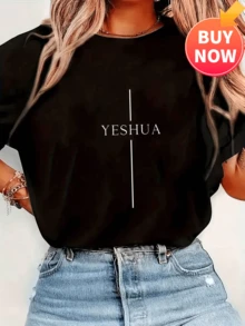 Damen Sommer T-Shirt Jesus Kreuz Glaube Muster Kurzarm Unisex - Schwarz - Übersicht 1