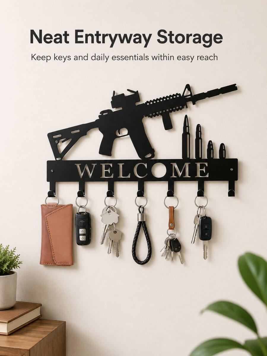 1pc Gun Bullet Iron Art Key Holder Wall Mount Rack, Perfect For Entryway Garage Cabin Study Storage, Organize Keys Glasses Belts Accessories, Industrial Metal Home Decor Organization Solution - Black - View 1