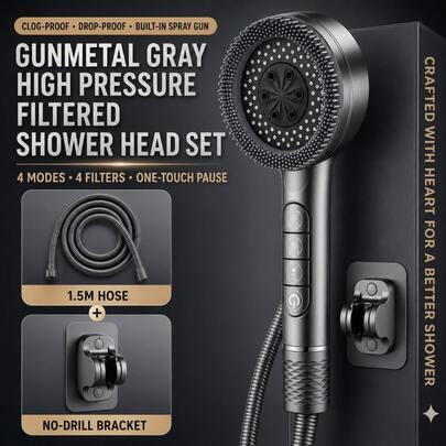Gunmetal Gray High-Pressure Filter Shower Head Set With 4 Replacement Filters, 1.5m Hose And No-Drill Bracket, 4-Mode Handheld Showerhead With Piano-Style Buttons And One-Touch Pause