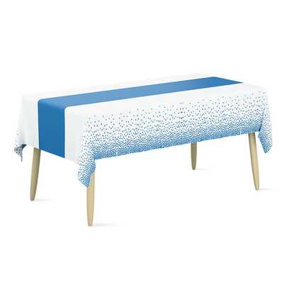 4pcs Disposable Plastic Tablecloths And 1pc/4pcs Satin Table Runner Set, White And Blue Polka Dot Tablecloth, Blue Satin Table Runner, Suitable For Wedding, Birthday, Anniversary, Christmas, New Year Party Decoration
