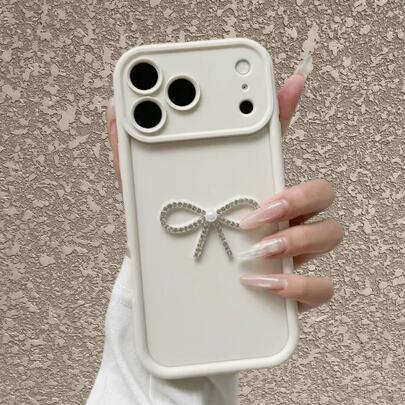 Soft Cream White Solid Color Phone Case, Soft TPU Matte Soft Shell Full Coverage Large Window Lens Frame 3D Rhinestone Pearl Bow Decoration, Ins Minimalist Rich Girl Style, DIY Accessories, Compatible With Apple 17/17 Pro/17 Pro Max, 16/15/14/13/12/Pro/Pro Max, All Series - Apple Phone Case, Phone Case, A55 5G, S24 Ultra Phone Case, Apple 13 Phone Case