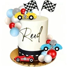 16pcs Racing Flag Cake Decoration Set, Includes Motorcycle Helmet, Steering Wheel, Racing Theme Boy 1st Birthday Party Decor - Racing - View 12