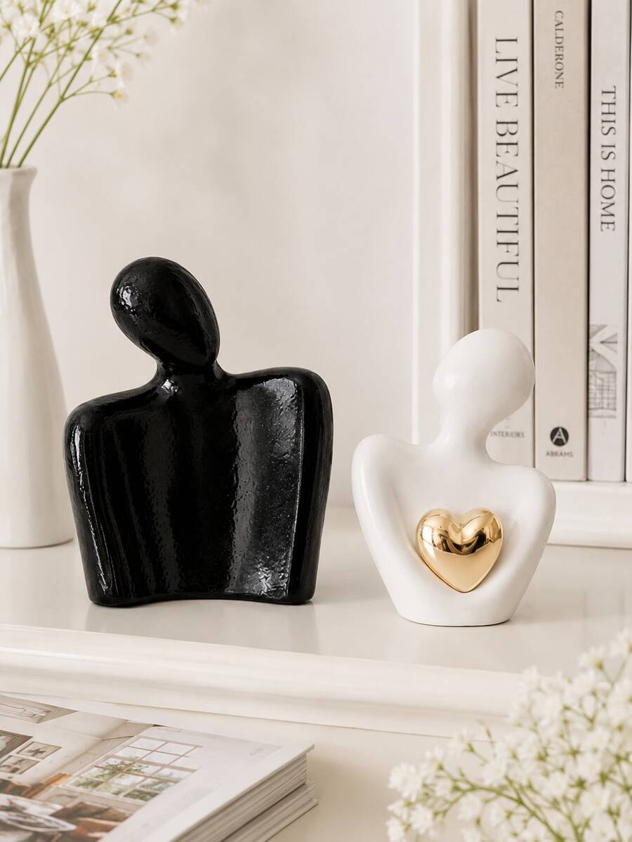 Ins Style Abstract Couple Resin Statue Set With Gold Heart, 3 Colors Available, Living Room And Bedroom Decor, Couple And Graduation Gift - Holding a Peach Heart - View 1