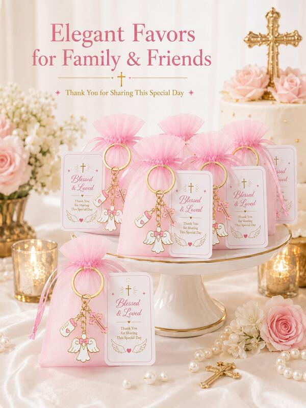 60Pcs/20Sets Baby Girl Baptism Favor Set - Angel Cross Keychain, Thank You Card & Organza Bag, Elegant Christening Party Gifts For Guests