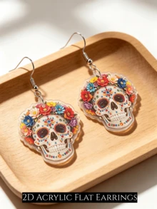 2D Flat Gothic Skull Dangle Earrings For Women, No Rhinestones, Acrylic Mexican Day Of The Dead Calavera Ear Pendants, Halloween, Festival Fun Jewelry Gift - A - View 7