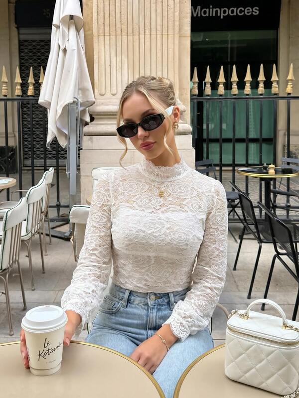 Women's Autumn/Winter Lace High Neck Rose Lace Slim Fit Lantern Long Sleeve Sheer Layering Top, Elegant Vintage Lady Style, French Gentle Rose Lace Semi-High Neck Long Sleeve Blouse, Full Body Rose Hollow Lace Sheer Design, Lace Cuffs, Slim Fit Waist, White Minimalist Sexy Style, Can Be Worn Alone Or As Inner Layer, Commute Date Versatile Tight Base Layer French Elegant Blouse