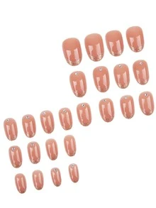 24Pcs Medium Oval Press On Nails Set, Classic Gold Glitter French Tips, Simple Solid Nude Glossy False Nails With Sparkling Rhinestone Decorations, Elegant Versatile Wearable Nails For Daily Wear & Commute - Follow Your Heart - 查看 4