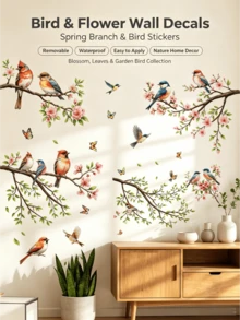 Spring Flowers, Birds, And Tree Branch Wall Stickers. Peach Blossoms, Peonies, And Swallows Segmented Self-Adhesive Waterproof Stickers. Wall Decorations For Living Rooms, Bedrooms, And Entryways. Forest-Style Wall Makeover Soft Stickers. - Wall Stickers - View 2