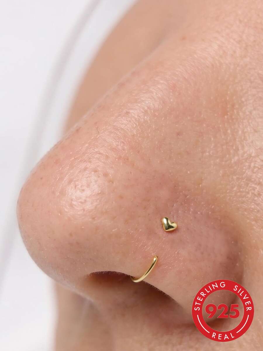 1pc Sterling Silver Nose Ring Hoop Heart Shape Cartilage Helix Ear Piercing Nez Jewelry - Gold - View 1