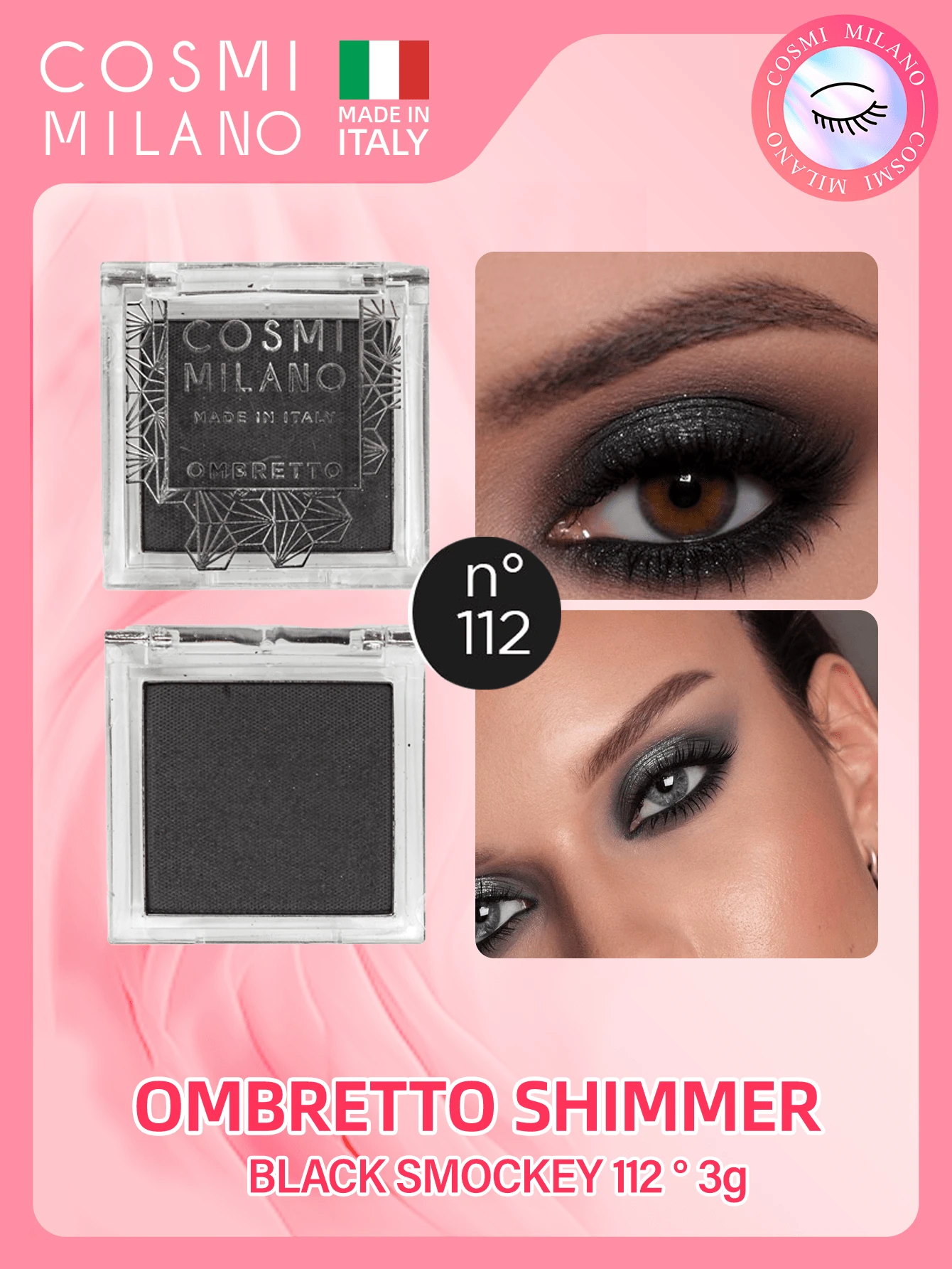 COSMI MILANO Made In Italy Holographic Shimmer Single-Color Eyeshadow Ultra Fine Pigments Three-Dimensional Iridescence Effect, Easy To Apply Without Flaking Long-Lasting Essential Eye Make-Up For Women Ideal Spring Summer Gift Birthday Party Daily Look And Event - Black Smokey - 查看 1