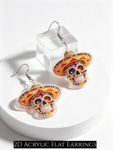 2D Flat Gothic Skull Dangle Earrings For Women, No Rhinestones, Acrylic Mexican Day Of The Dead Calavera Ear Pendants, Halloween, Festival Fun Jewelry Gift - A - View 4