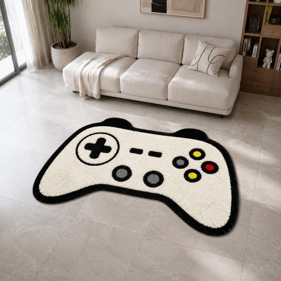 1pc White Game Controller Shaped Faux Cashmere Material Carpet, Creative Fun Irregular Bedroom Rug, Non-Slip Decorative Floor Mat For Home Living Room Gaming Room, Hallway Corridor Innovative Carpet - White - View 1