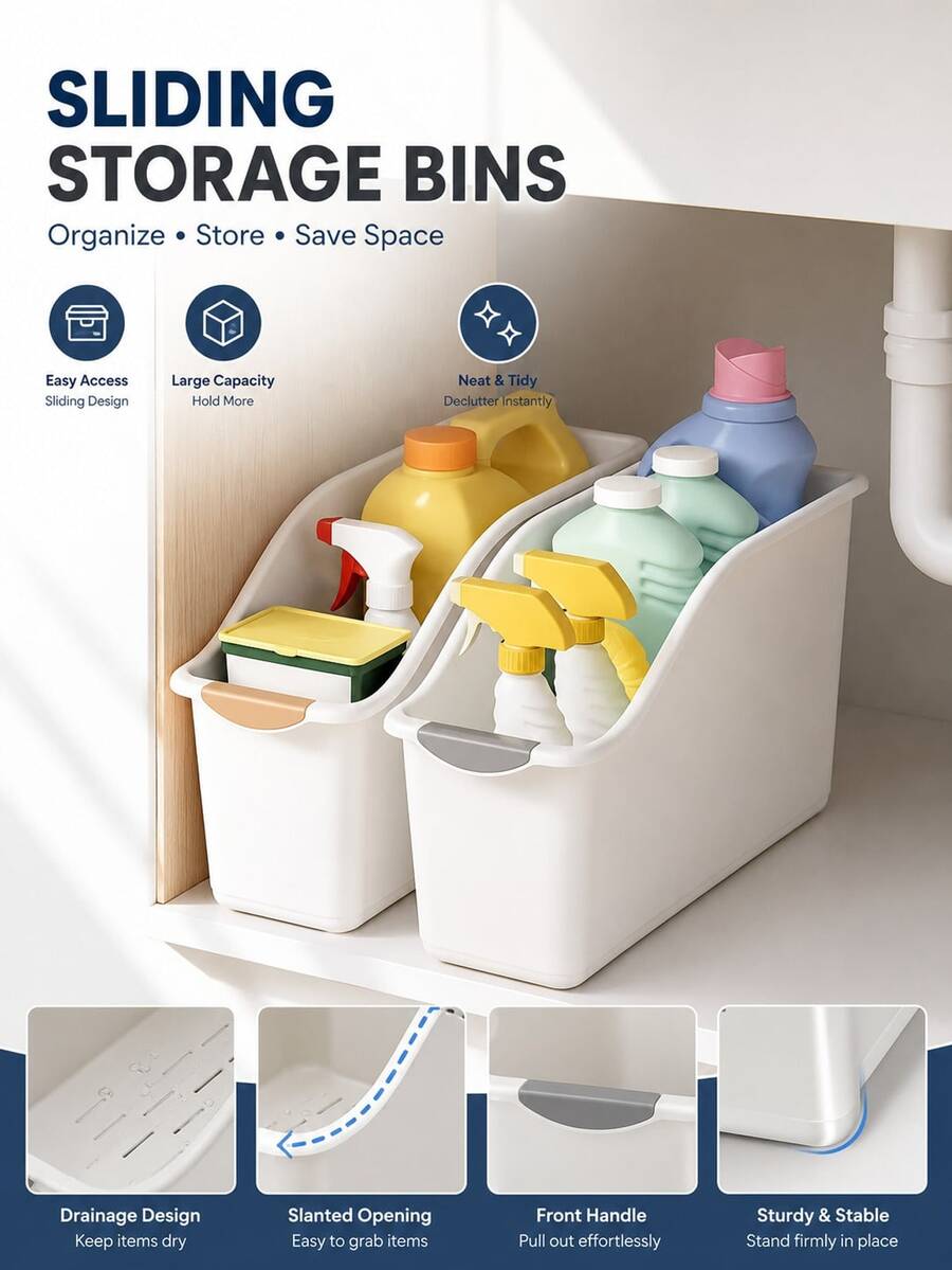 2/1pc Pull-Out Under Sink Storage Bin, Sliding Organizer Box For Kitchen Cabinet And Bathroom, Plastic Organizer With Front Handle, Slanted Opening Design For Easy Access, Large Capacity Storage Basket With Drainage Holes, Durable Moisture-Proof And Stain-Resistant Organizer Bin, Suitable For Cleaning Supplies, Countertop Clutter And Household Items - Multicolor - View 1