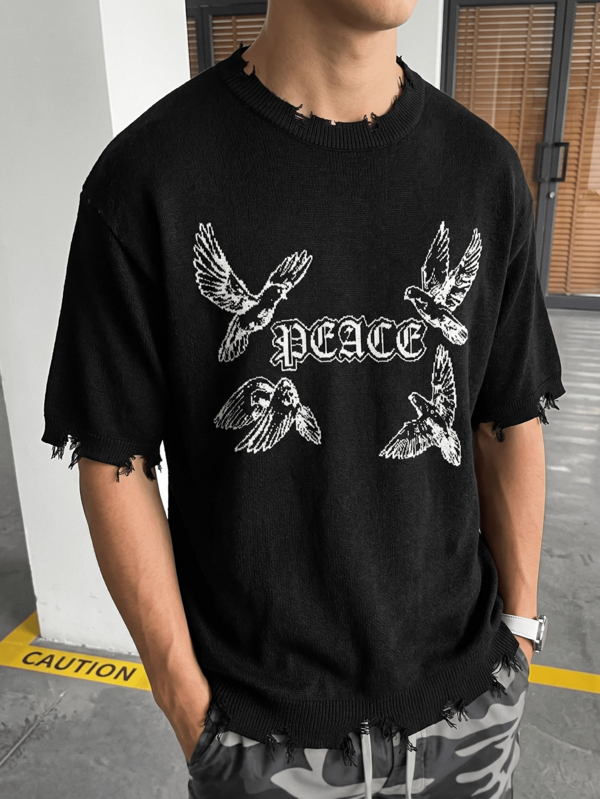 Spring/Summer Men's Unisex Vintage Peace Dove Print Distressed Crew Neck Tassel Short Sleeve Knit Top, Loose Streetwear Casual Versatile Commute Knit Sweater, Black
