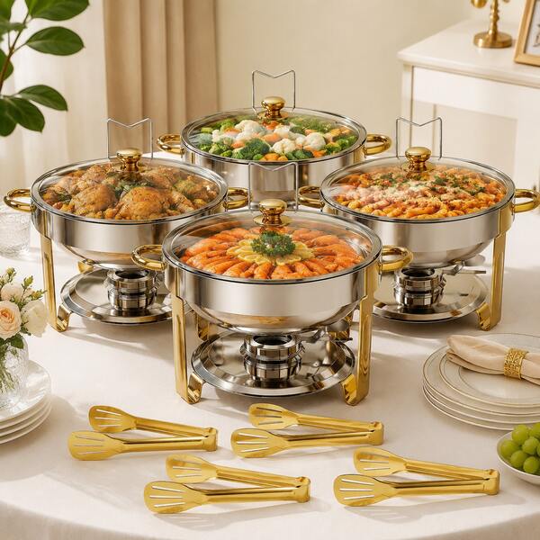 Gold & Silver 5-Quart Chafing Dish Set With Gold Tongs, 95% Pre-Assembled Stainless Steel Food Warmer With Clear Glass Lid & Lid Holder, Perfect For Parties Weddings Catering Services