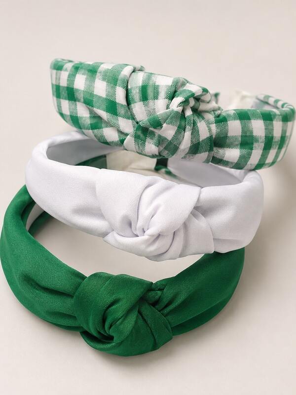 3pcs Fabric Knotted Hairbands,Green/White Solid Color,Green&White Plaid,Casual Fashion Hairbands,School Daily Hair Accessories,Festival