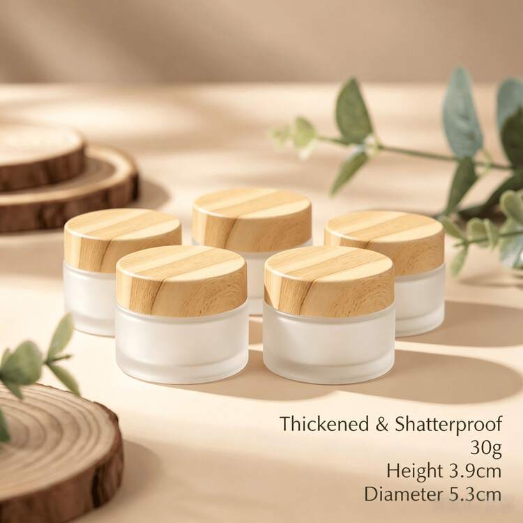 2pcs/1pc, 5g/20g/30g/50g Frosted Glass Skincare Jars With Wood Grain Lids. Reusable, Elegant, Durable And Portable. Suitable For Face Cream, Eye Cream, Lotion And Cosmetics. Ideal For Home, Bedroom, Bathroom, Vanity Storage, Travel And Daily Use. - Multicolor - View 19