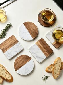 Heat Resistant Non-Slip Marble Acacia Wood Spliced Coasters, Round Square Hexagon Shapes Elegant Table Protector Pad For Hot Mugs Cookware, Compact Decor Accessory Suitable For Home Kitchen Dining Table Daily Household Dining Scenes - Multicolor - View 1