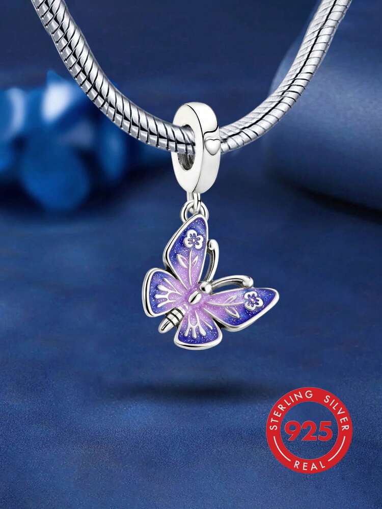 1pc 925 Sterling Silver Flower & Butterfly Pendant Bead, Suitable For Women Bracelet DIY Jewelry - Style 7 - View 1
