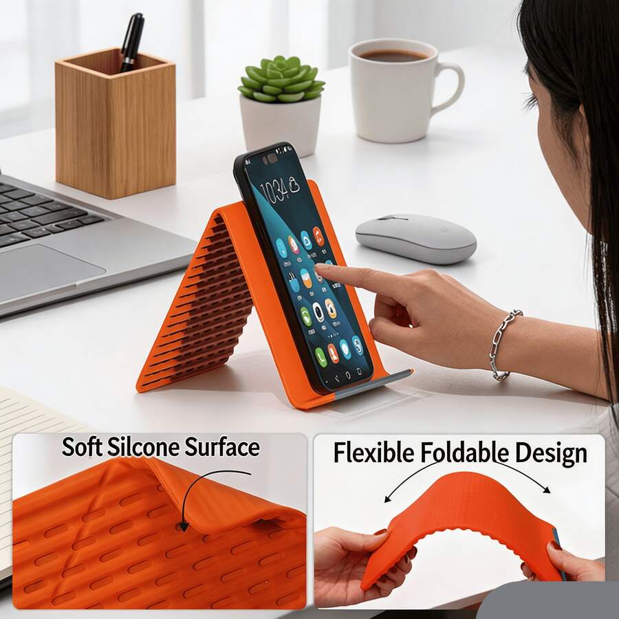 Flexible Silicone Foldable Desktop Phone Stand, Multi-Angle Adjustable Laptop Tablet Holder, Portable Travel Hanging Display Screen Stand, Ergonomic Non-Slip Orange Black Desktop Storage Accessory, Multi-Functional Home Office Work Study Tool - Random Styles - View 1