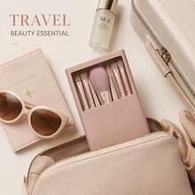 6pcs Mini Makeup Brush Set With Mirror Storage Box, 5 Soft Face And Eye Brushes, Nude/Blue Portable Travel Makeup Kit, Suitable For Back To School, Dorm, Daily Touch-Ups And Outdoor Use, Ideal Gift For Global Holidays - A - View 11