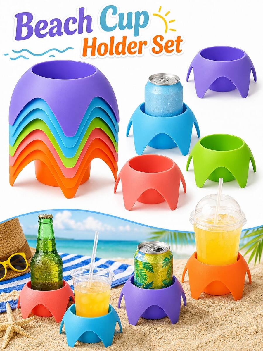 5pcs Beach Vacation Essentials - Colorful Coasters And Drink Holders, Summer Party Accessories, Tropical Pool And Outdoor Beverage Supplies, Perfect For Ladies, Adults, Families And Friends, Fun Hawaiian Themed, Beach, Pool Side, Tropical, Summer Party Decor - Multi-colored Beach Cup Holder - View 1