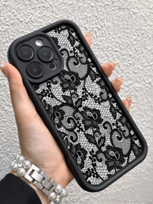 1pc Black & White Lace Floral Personalized Minimalist Soft TPU Shockproof Full Coverage Anti-Stain Fashion Phone Case Compatible With Apple 17 16 15 14 13 12 11 Pro Max Air And Series - Multicolor - View 3