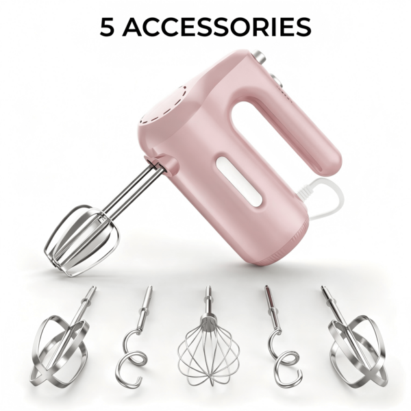 5-Speed Hand Mixer Electric Heldhand, 300W Compact Mixer For Baking, Egg Beater, Blending Or Cooking, Portable & Lightweight, 5 Accessories, Pink