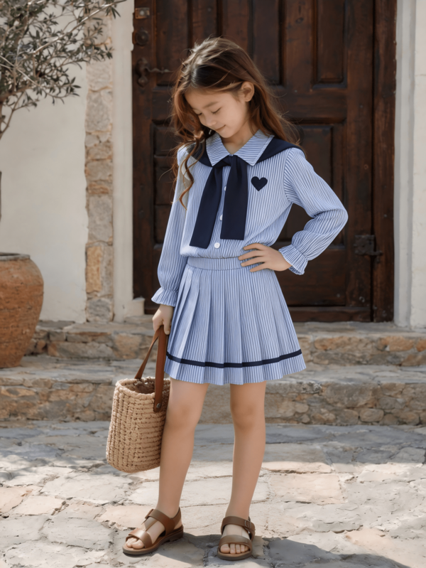 Autumn New Girls' Blue Striped Sailor Style Long Sleeve Collared Shirt And Pleated Skirt 2-Piece Set With Shawl, Campus Casual Fashion Outfit