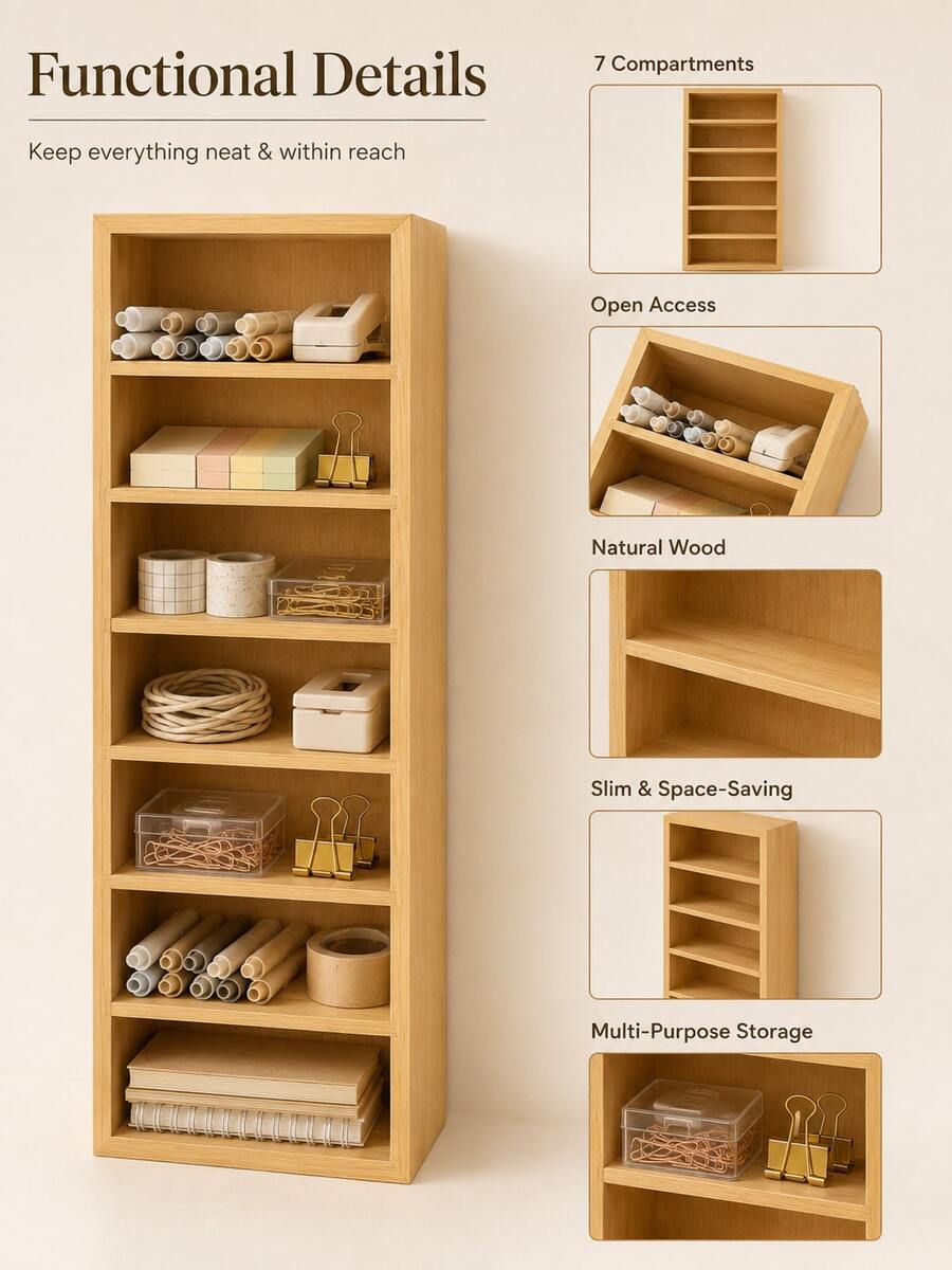 7 Compartments Wooden Desktop Storage Box For Pens, Pencils, Scissors, Sticky Notes, Office Supplies, Cosmetics, Craft Accessories, Drawer Organizer, Home Office Desk Organizer, Dorm Room, Classroom, Vanity Storage, Minimalist Workspace Decor - View 1