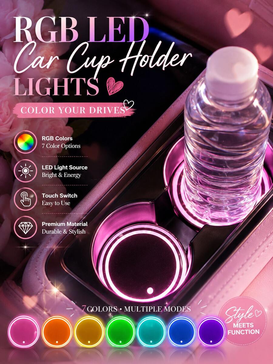 1/2pcs RGB LED Car Cup Holder Light, 7-Color Touch Sensor Cup Mat, USB Rechargeable Waterproof Interior Atmosphere Light, Car/SUV/Truck Cup Holder Decoration Accessory, Gift For Men And Women