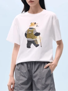 CAMEL CROWN Panda Print Quick-Dry Short Sleeve T-Shirt, Unisex Loose Fit Crew Neck Top, Soft Skin-Friendly Breathable, Suitable For Spring, Summer And Autumn - White Cobblestone - View 1