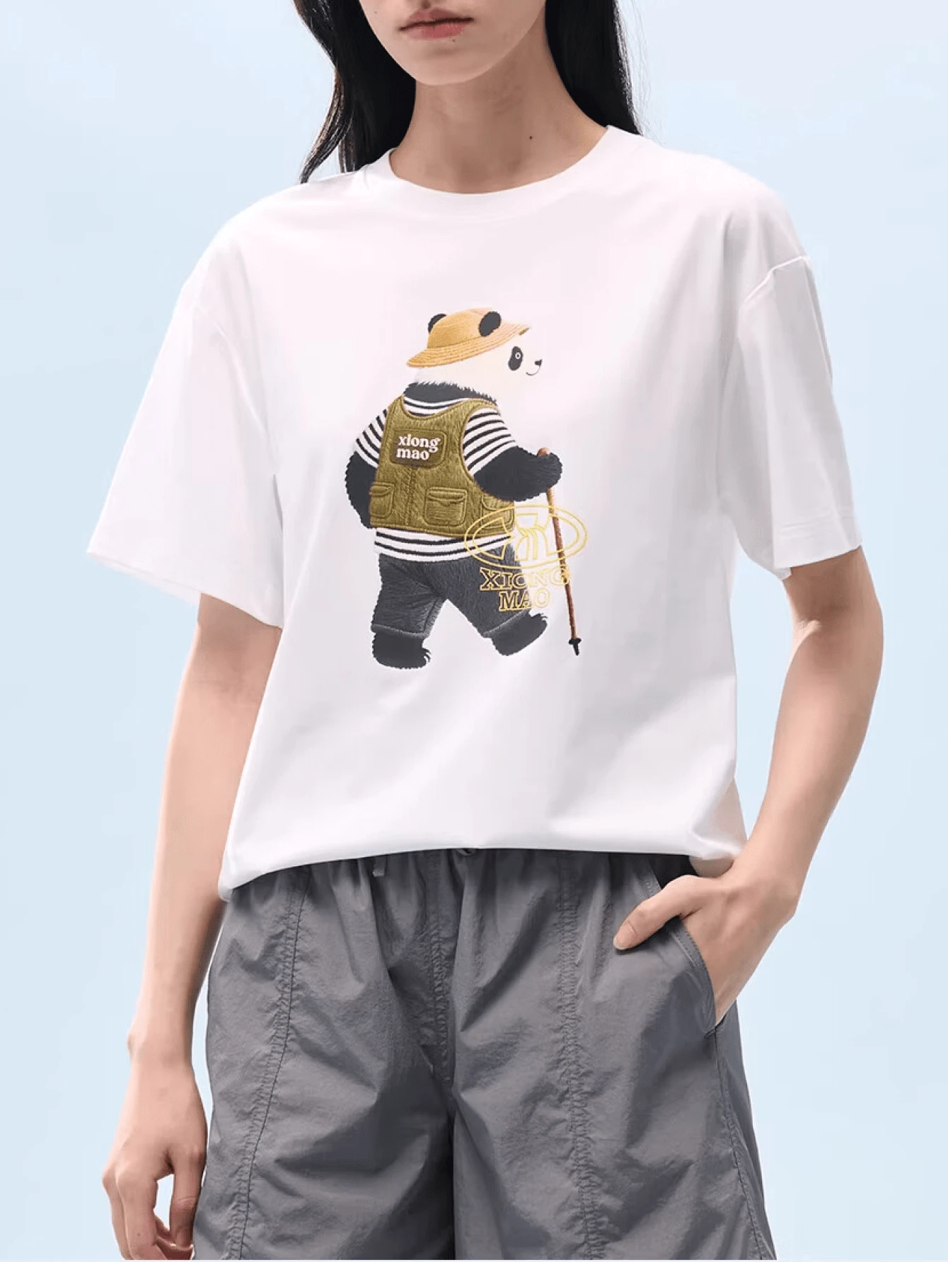 CAMEL CROWN Panda Print Quick-Dry Short Sleeve T-Shirt, Unisex Loose Fit Crew Neck Top, Soft Skin-Friendly Breathable, Suitable For Spring, Summer And Autumn - White Cobblestone - View 1