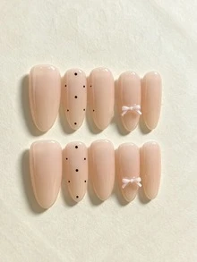 10Pcs Handmade Press On Nails,Almond Nude Glossy Fake Nail With Black Dot & Pink Bow Charms,Long Full Cover Reusable False Nails For Women Daily Wear Nail Art Decor,Glue On Nail Tips Manicure Accessories - Multicolor - View 3