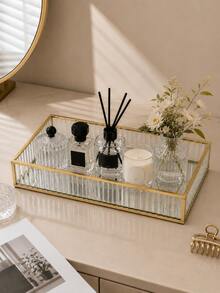 1pc Nordic Luxury Rectangular Striped Glass Storage Tray, Gold Iron Frame With Mirror Glass Bottom, Multi-Functional Vanity Organizer, Suitable For Jewelry, Perfume, Cosmetics, Skincare, Bathroom, Bedroom And Home Decor,Bedroom Room Decor,Back To School - Striped Glass - View 11
