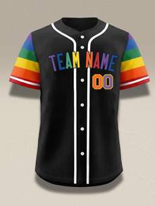 Jersey Baseball Pelangi Kustom dengan Nama dan Nomor yang Dipersonalisasi, Lengan Bergaris Warna-warni, Kancing Hitam, Kemeja untuk Hari Pertandingan, Pakaian Olahraga Aktif. - Hitam - View 3