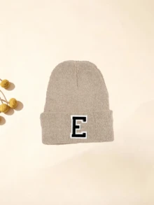 1 Pc Neutral Beige Unisex A-Z Letter Knit Beanie, Stretch Fit Custom Thermal Skull Ribbed Cuffed Cap Fit KidsTo Teenagers Daily Outdoor - Beige - View 10