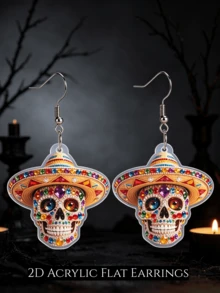 2D Flat Gothic Skull Dangle Earrings For Women, No Rhinestones, Acrylic Mexican Day Of The Dead Calavera Ear Pendants, Halloween, Festival Fun Jewelry Gift - A - View 10