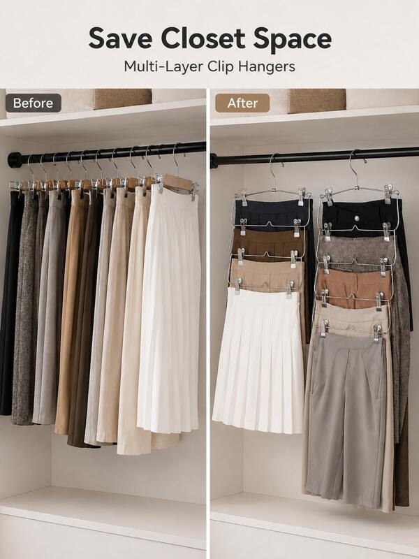 2pcs 4-Tier Metal Pants & Skirt Hanger With Non-Slip White Clips, Stackable Rust-Proof Closet Storage Rack, Suitable For Jeans, Trousers And Clothing, Space-Saving, Ideal For College Dorm, Apartment, Travel, Clothing Store And Back To School Essentials