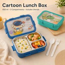 Cartoon Divided Bento Box, Prevents Food Odor Transfer, Cute And Playful, Suitable For Students And Office Workers Lunch, Square Design, Includes Utensils - Multicolor - View 2
