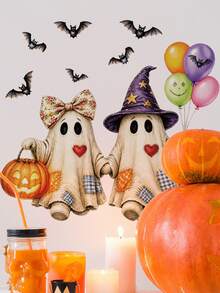 mama look 1pc, 30*40cm, Halloween Wall Sticker, Scary Ghost Holding Balloon And Pumpkin, Surrounded By Flying Bats, Creating Festive Atmosphere, PVC Self-Adhesive Removable, Suitable For Room Door Decoration, Home Wall Decor, Etc. - 1PC - View 6