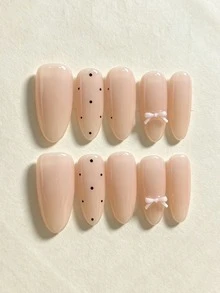 10Pcs Handmade Press On Nails,Almond Nude Glossy Fake Nail With Black Dot & Pink Bow Charms,Long Full Cover Reusable False Nails For Women Daily Wear Nail Art Decor,Glue On Nail Tips Manicure Accessories - Multicolor - View 2
