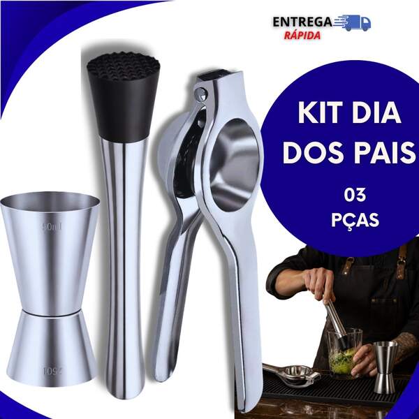 Kit Dia Dos Pais 3 Peças Em Inox Com Socador + Espremedor De Limão + Dosador De Bebidas Presente Ideal Para Seu Pai