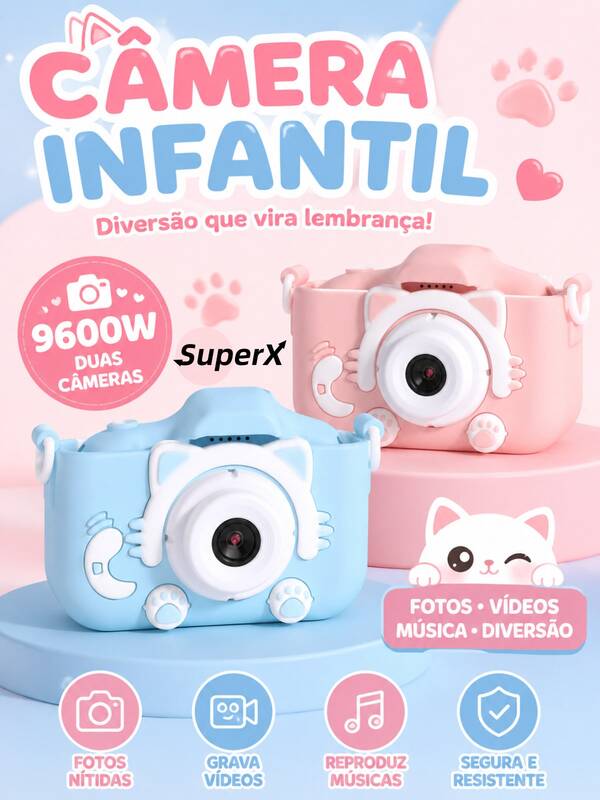 Câmera Digital Infantil Desenho de Gato Fofo, Dupla Lente 9600W com Função de Foto, Vídeo e Reprodução de Música, Brinquedo Portátil Ideal para Presente de Crianças