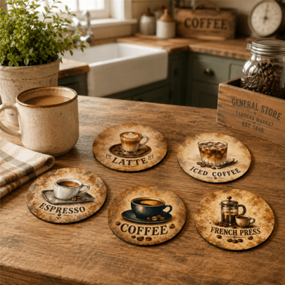 6pcs, Home Decor, Vintage Coffee Pattern Printed Coaster Set, Tea Cup Coaster, Water Cup Coaster, Wine Glass Coaster, Coffee Cup Coaster, Placemat, Round Absorbent Diatomaceous Earth Coaster Set, Coffee Bar, Kitchen Accessories, Suitable For Home Decor, All-Season Home Decor