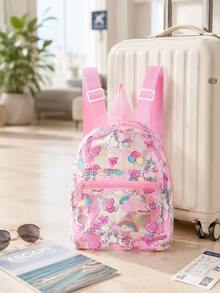 Cute Pink Unicorn Print Clear Backpack With Rainbow & Heart Design, Adjustable Straps, Front Zip Pocket For Travel, Daily Outings & Casual Use - Pink - View 2