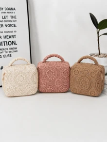 刺繡純色大容量手提包化妝包，波希米亞圖案時尚手提包，方形便利收納包，拉鍊便攜旅行錢包，旅行必需品，適用於居家、旅行、度假與校園使用 - 彩色 - 查看 8