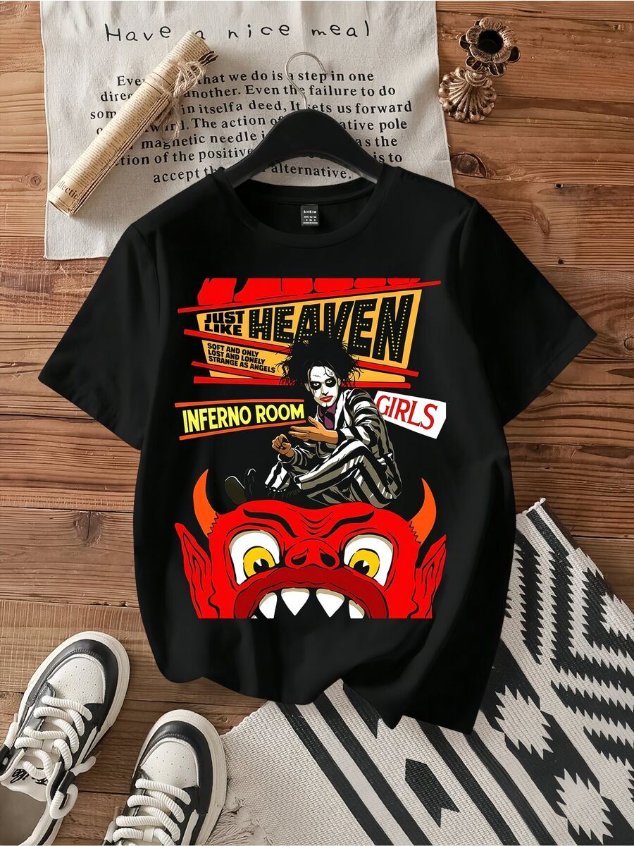 Striped Suit Red Devil Horn Retro American Comic Just Like Heaven Horror Vintage Graphic Tee Print. - 黑色 - 查看 1